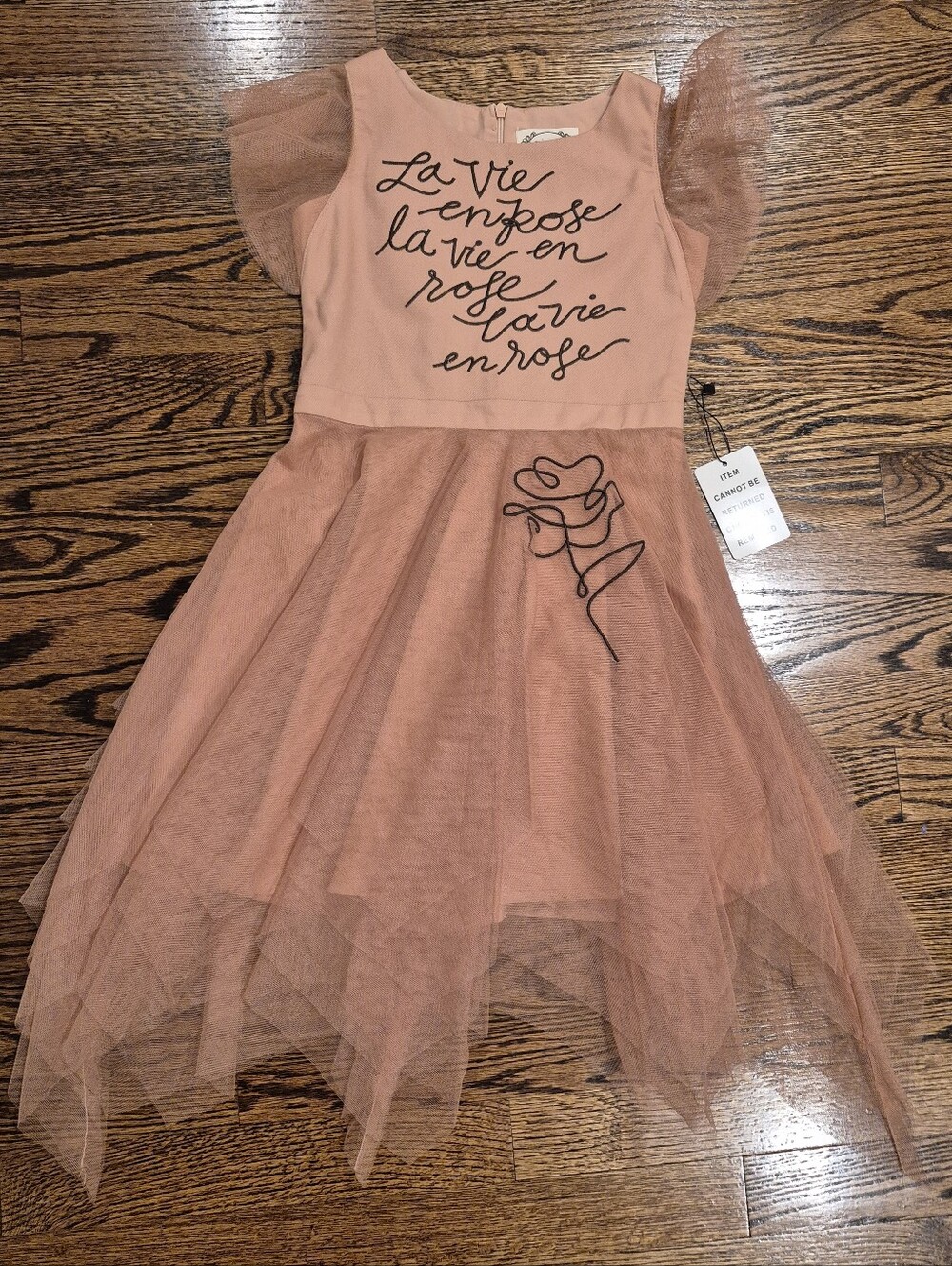 Girls Pink Tulle Sleeve Dress with Script & Rose Detail